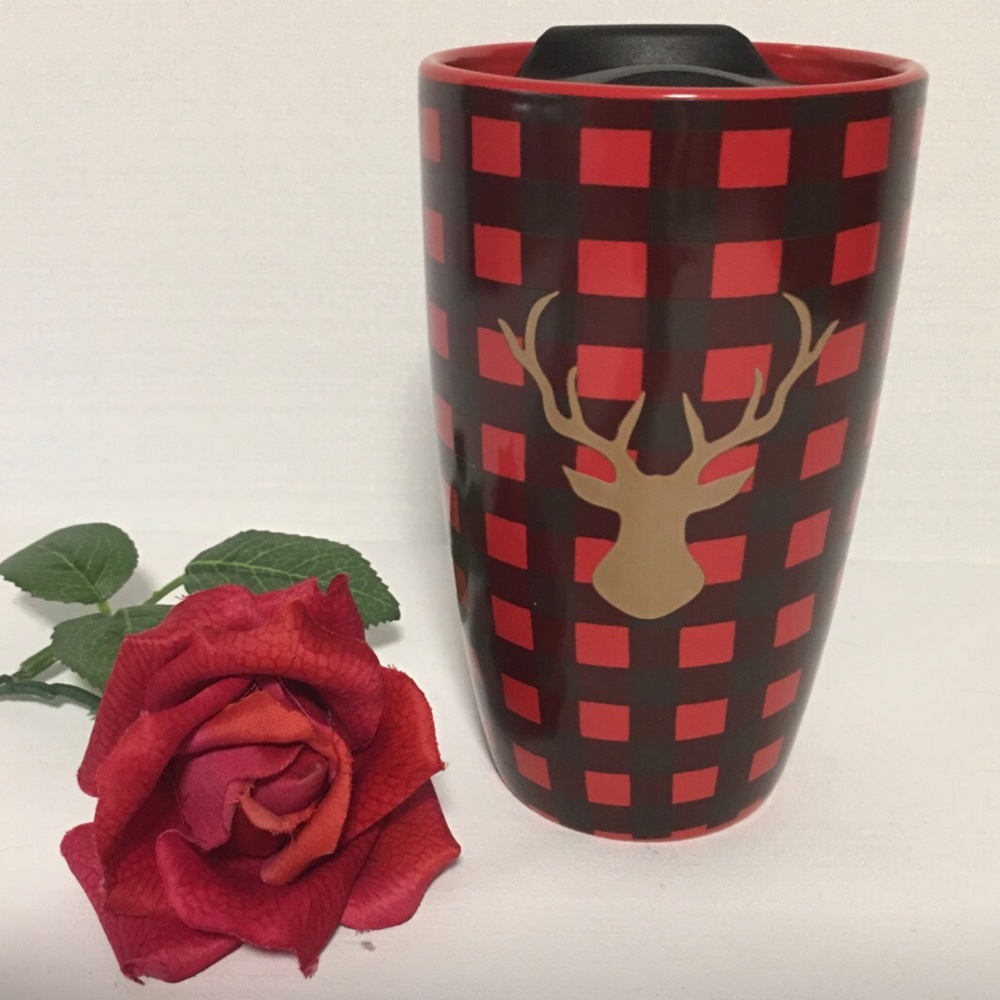 Stoneware Travel Mug W/Lid Buffalo print red black Modern Gourmet Foods Deer Pic